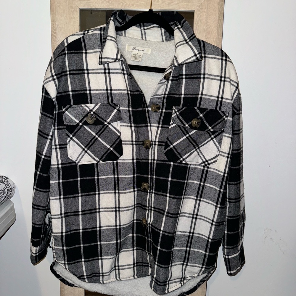 Long sleeve, gray plaid button up throw over